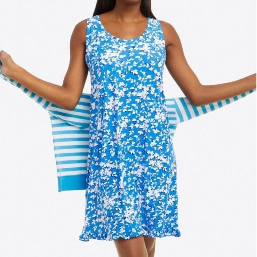 DRAPER JAMES Ruffle Nightie Blue White Floral Sleeveless PJ Nightgown Mini Dress